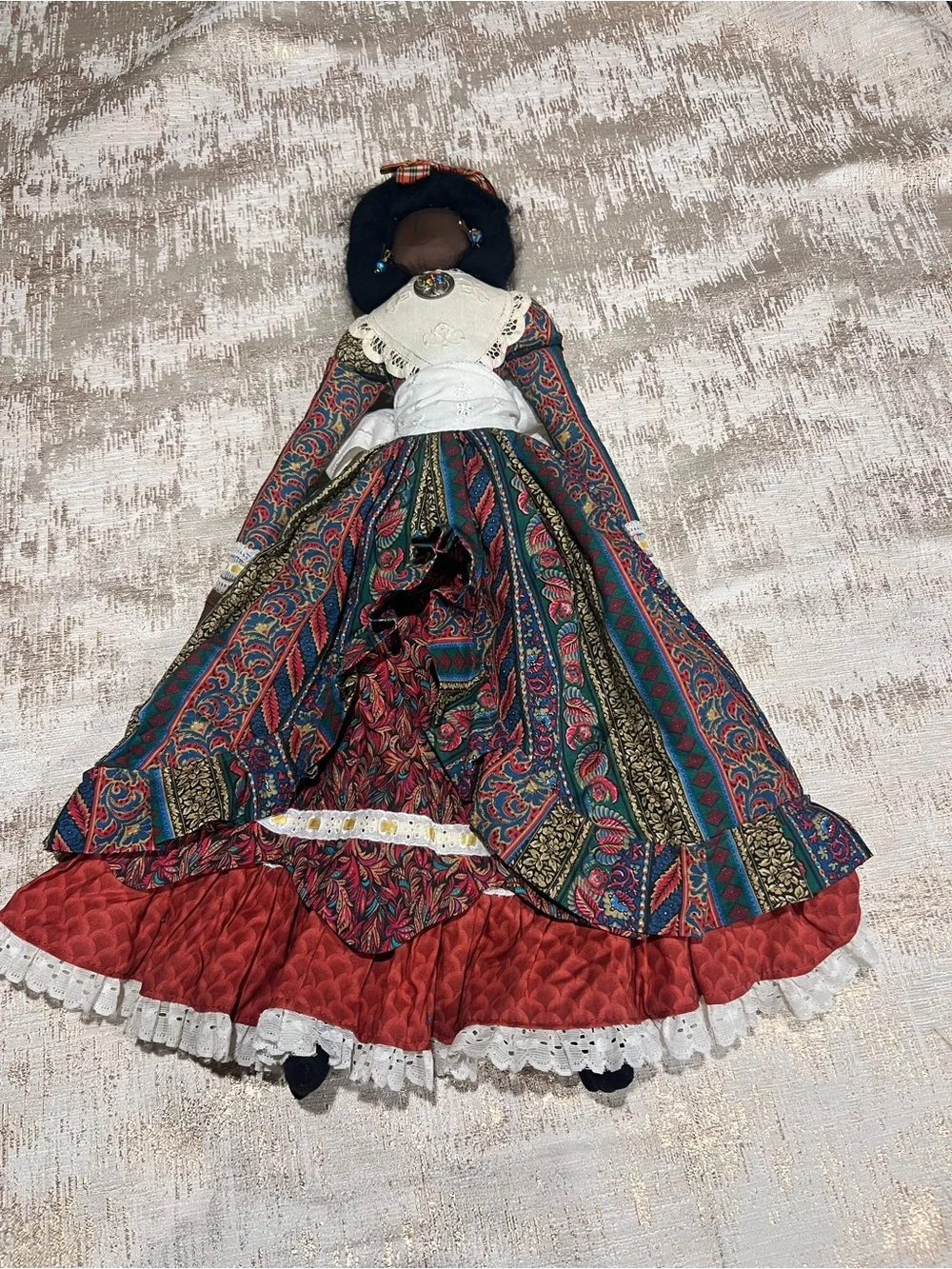 Handmade 22 in Cloth Rag Doll, Dark Girl w/ Black Curly Hair, Victorian
